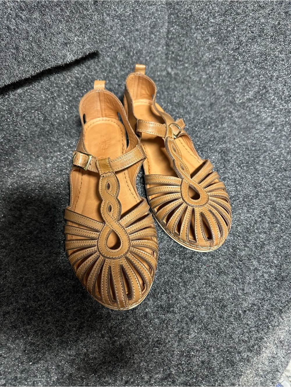 Mary Jane Tan Leather Sandals Cutout T-Strap Flat Cottage Euro Summer Whimsygoth